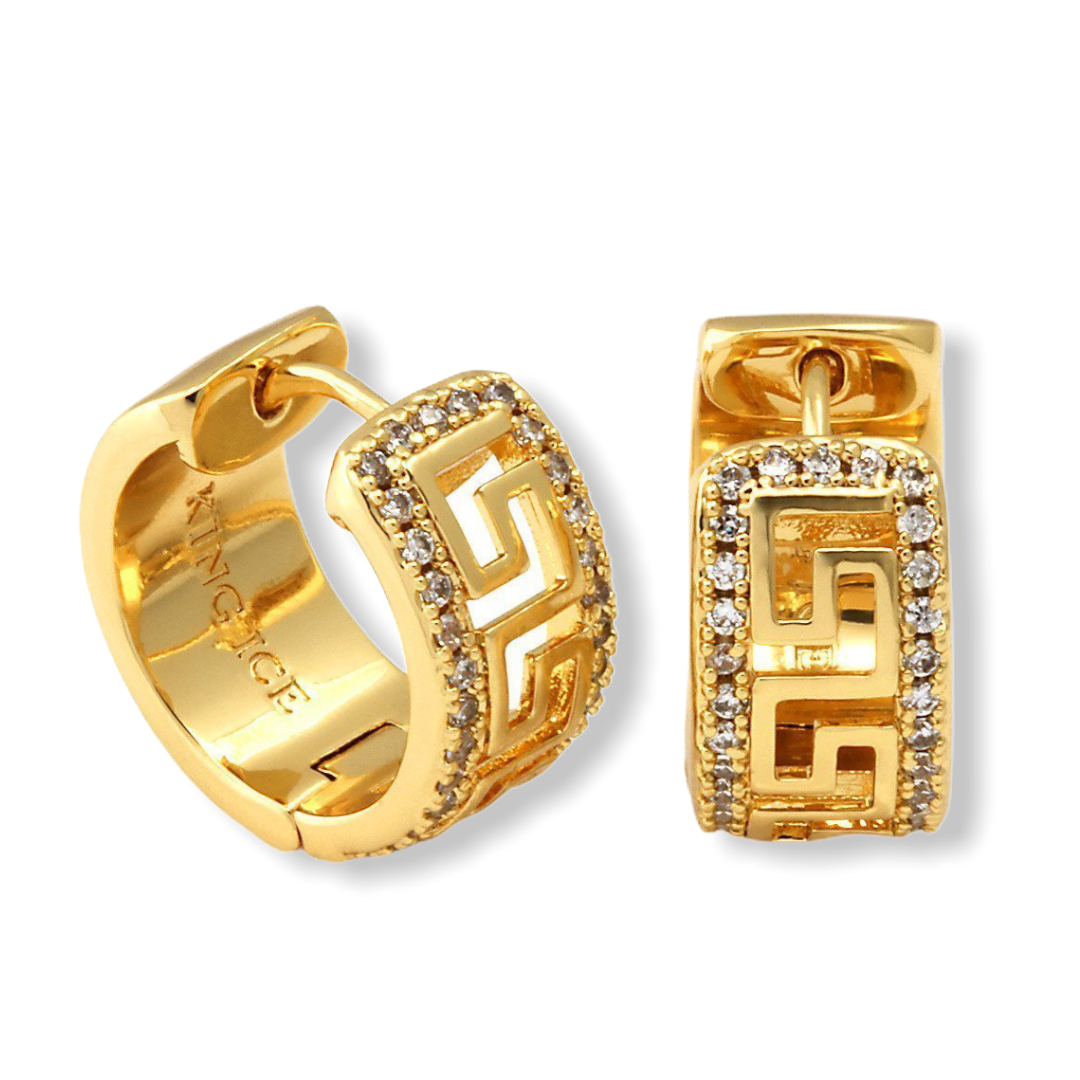 KING ICE: 14K Silver CZ Greek Key Hoop Earrings - On Time Fashions Tuscaloosa